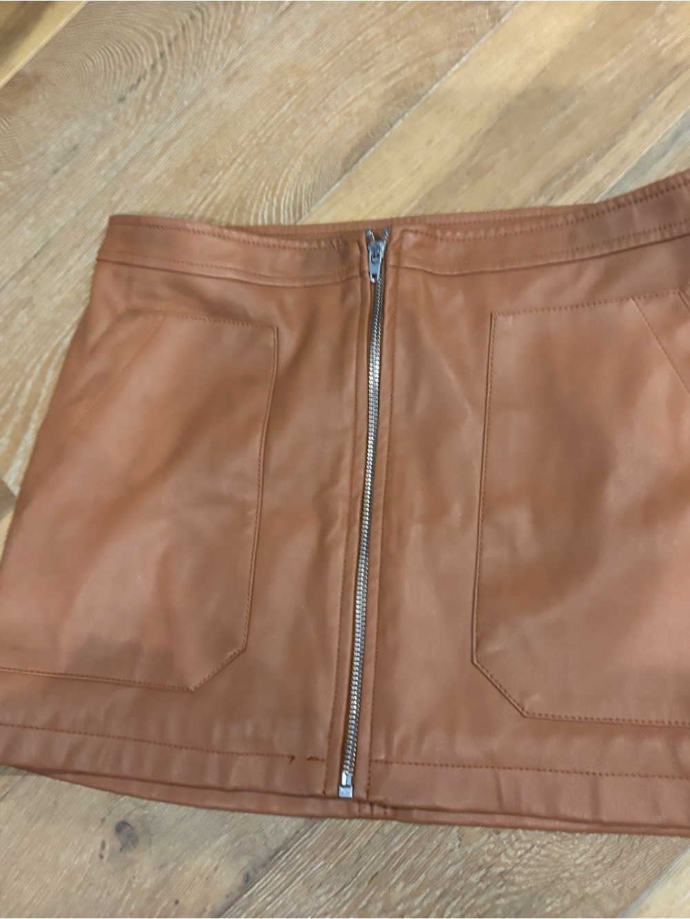 Free People Cognac Faux Leather Mini Skirt with Front Zip